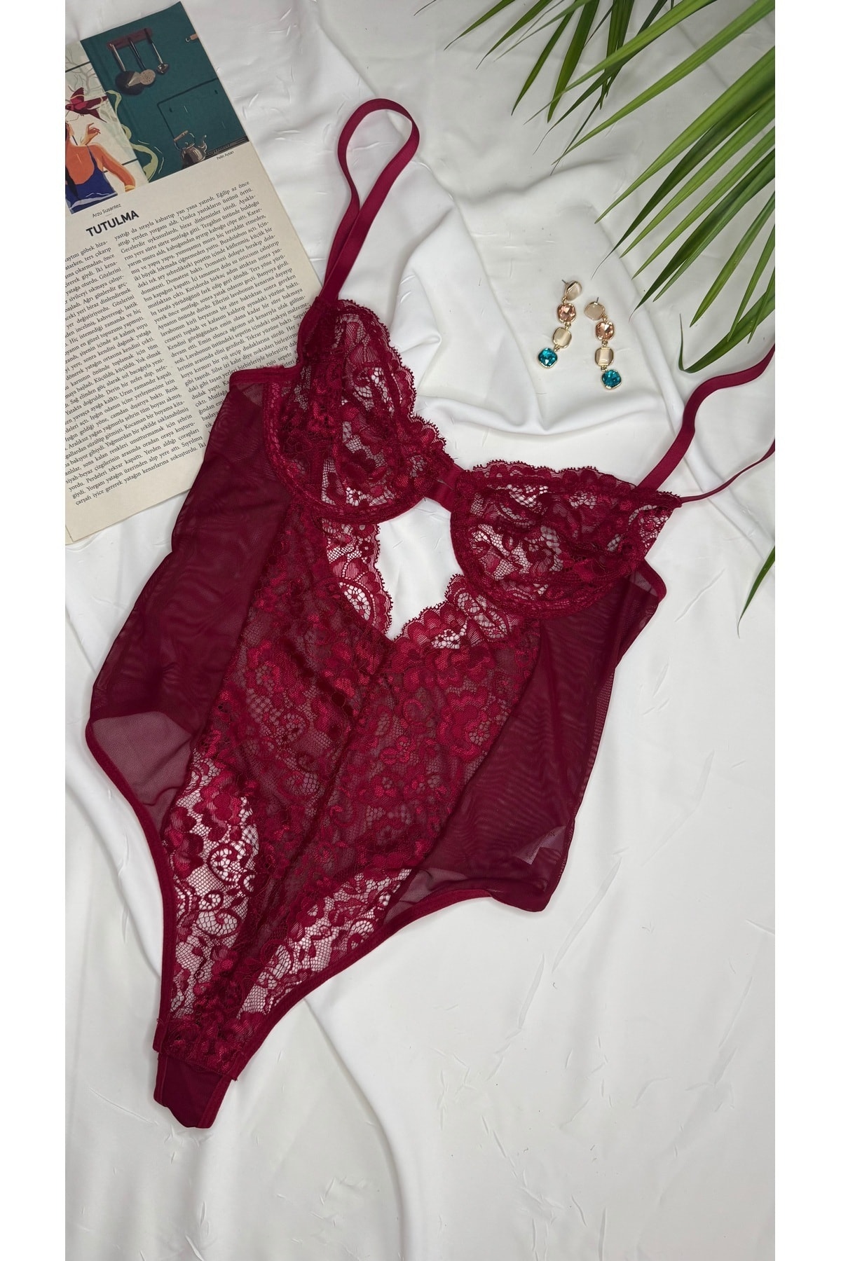 Bebe Mavi Dantelli Brode Balenli Kapsız Transparan Bodysuit - dantel bordo