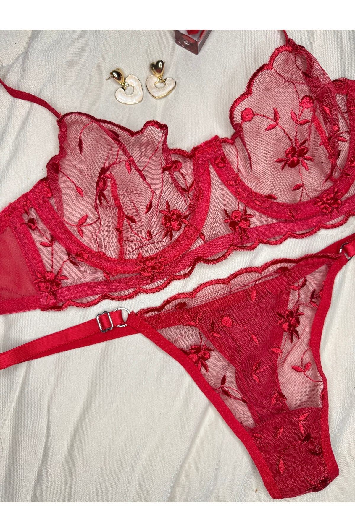 Transparan Tül Bralet Takım  - kırmızı