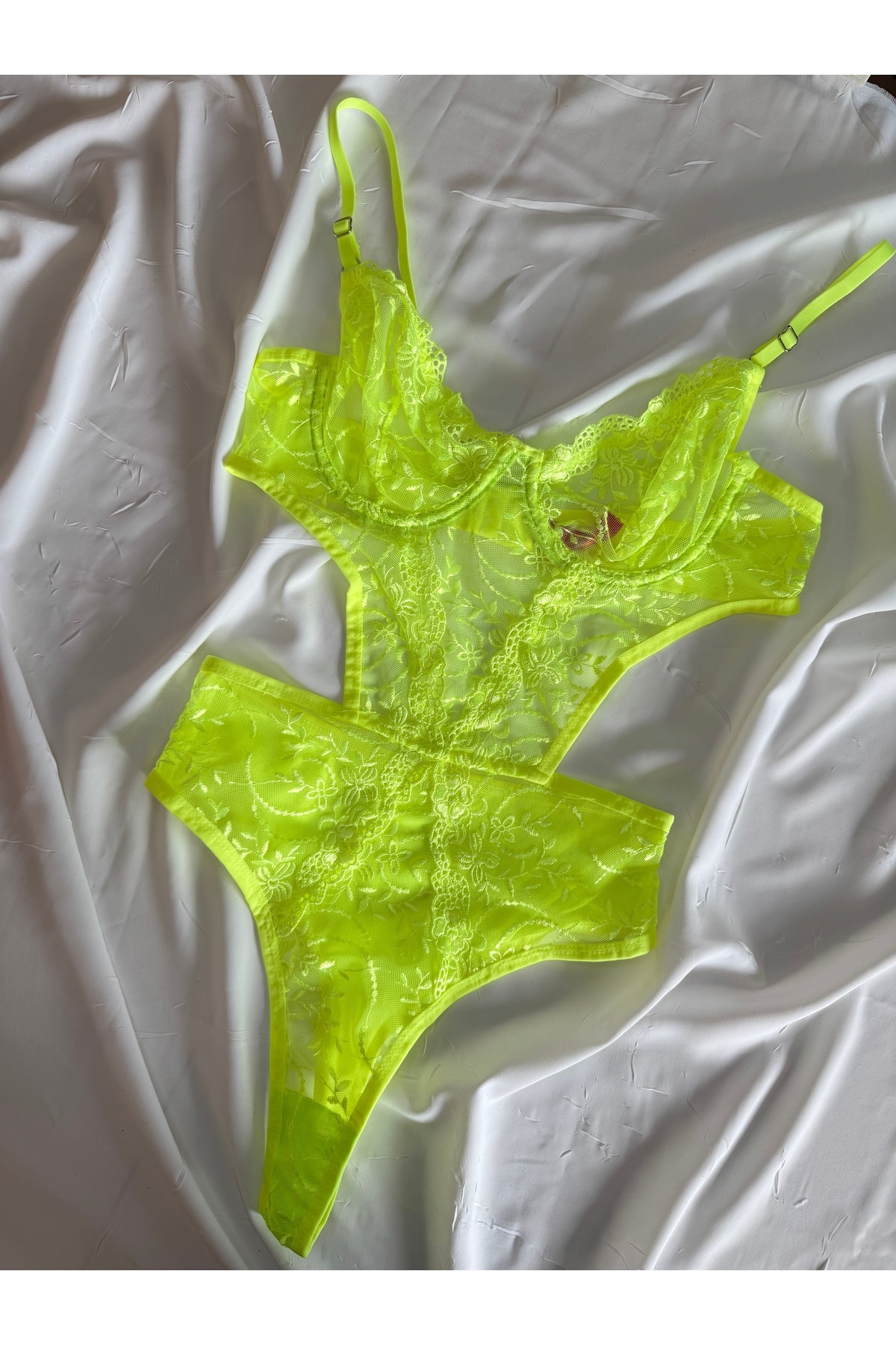 Bebe Mavi Dantelli Brode Balenli Kapsız Transparan Bodysuit - neon yeşil