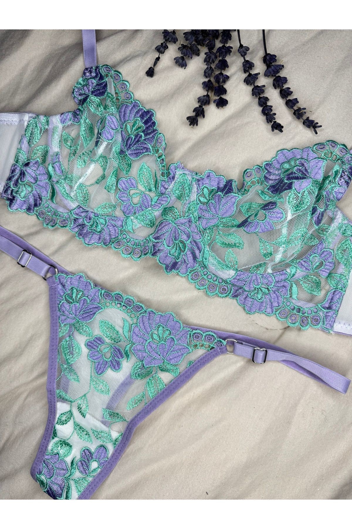 Transparan Tül Bralet Takım  - lila yeşil