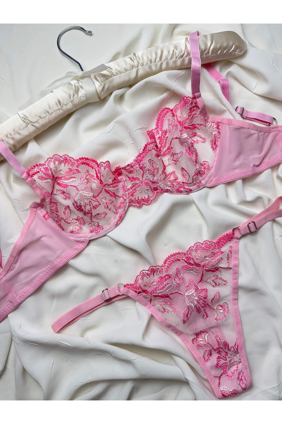 Desenli Transparan Bralet Takım - pembe