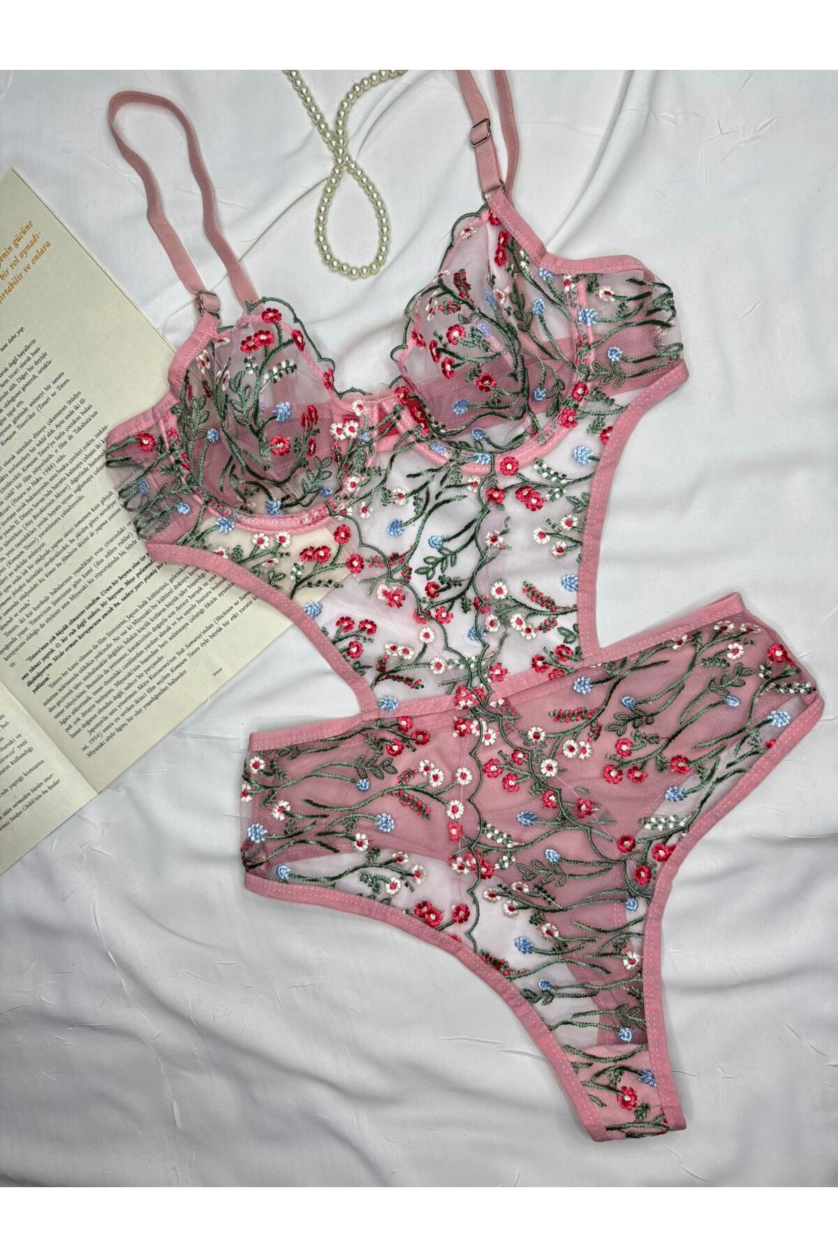 Bebe Mavi Dantelli Brode Balenli Kapsız Transparan Bodysuit - pudra yeşil