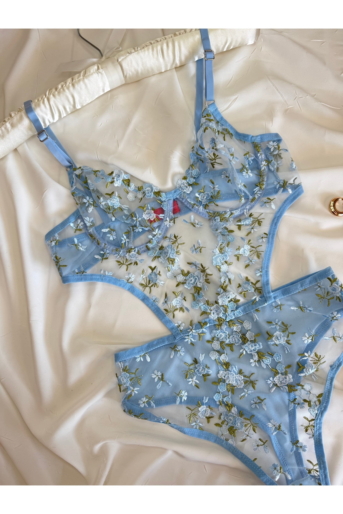 Bebe Mavi Dantelli Brode Balenli Kapsız Transparan Bodysuit - mavi yeşil