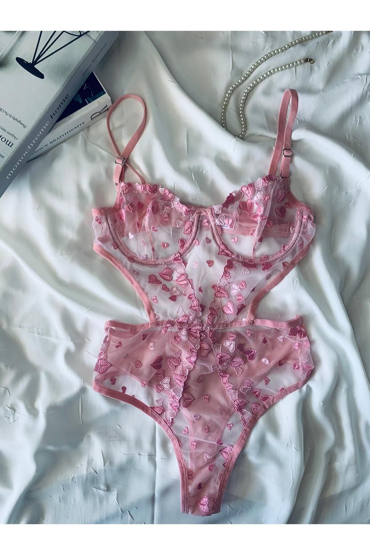 Bebe Mavi Dantelli Brode Balenli Kapsız Transparan Bodysuit - pembe