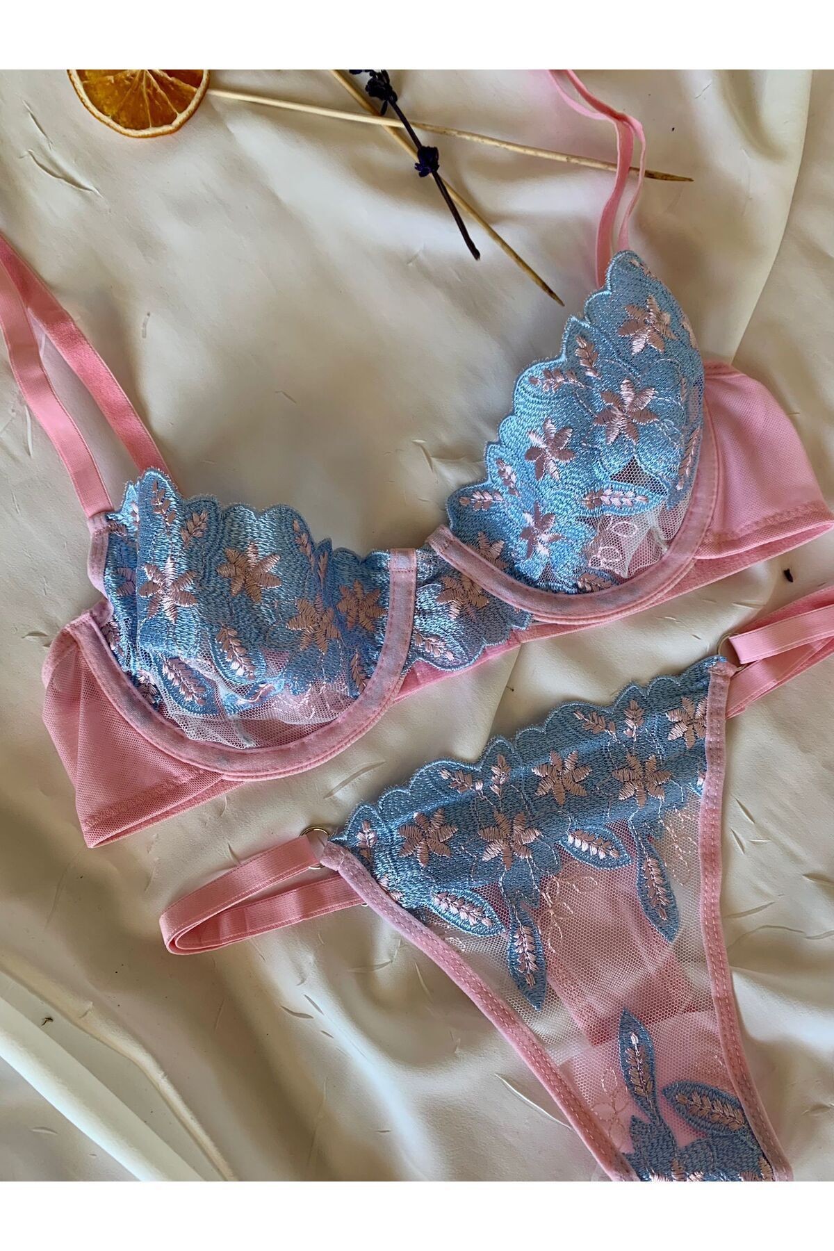 Transparan Tül Bralet Takım  - pembe