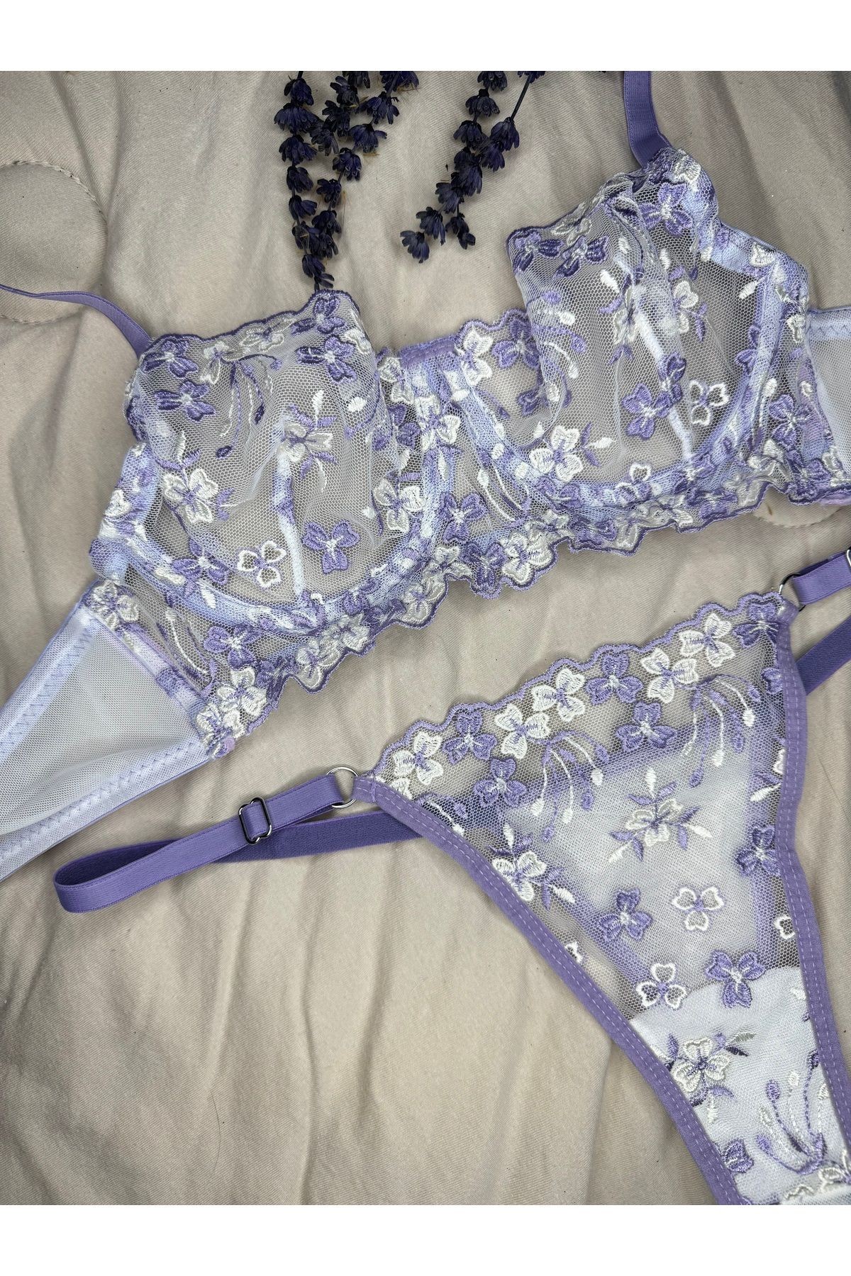 Transparan Tül Bralet Takım  - lila beyaz