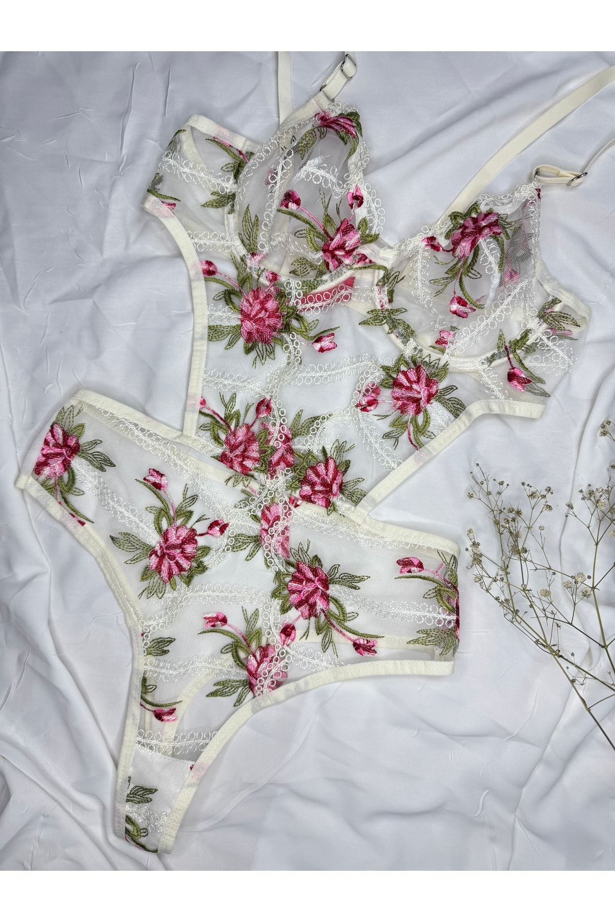 Bebe Mavi Dantelli Brode Balenli Kapsız Transparan Bodysuit - ekru pembe