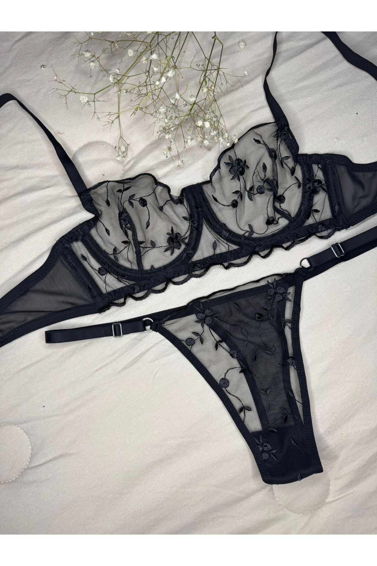 Transparan Tül Bralet Takım  - siyah çiçekli
