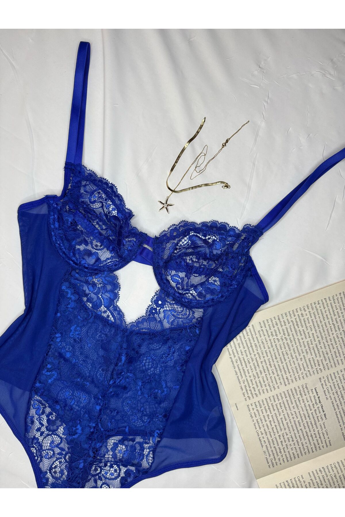 Bebe Mavi Dantelli Brode Balenli Kapsız Transparan Bodysuit - dantel saks mavi