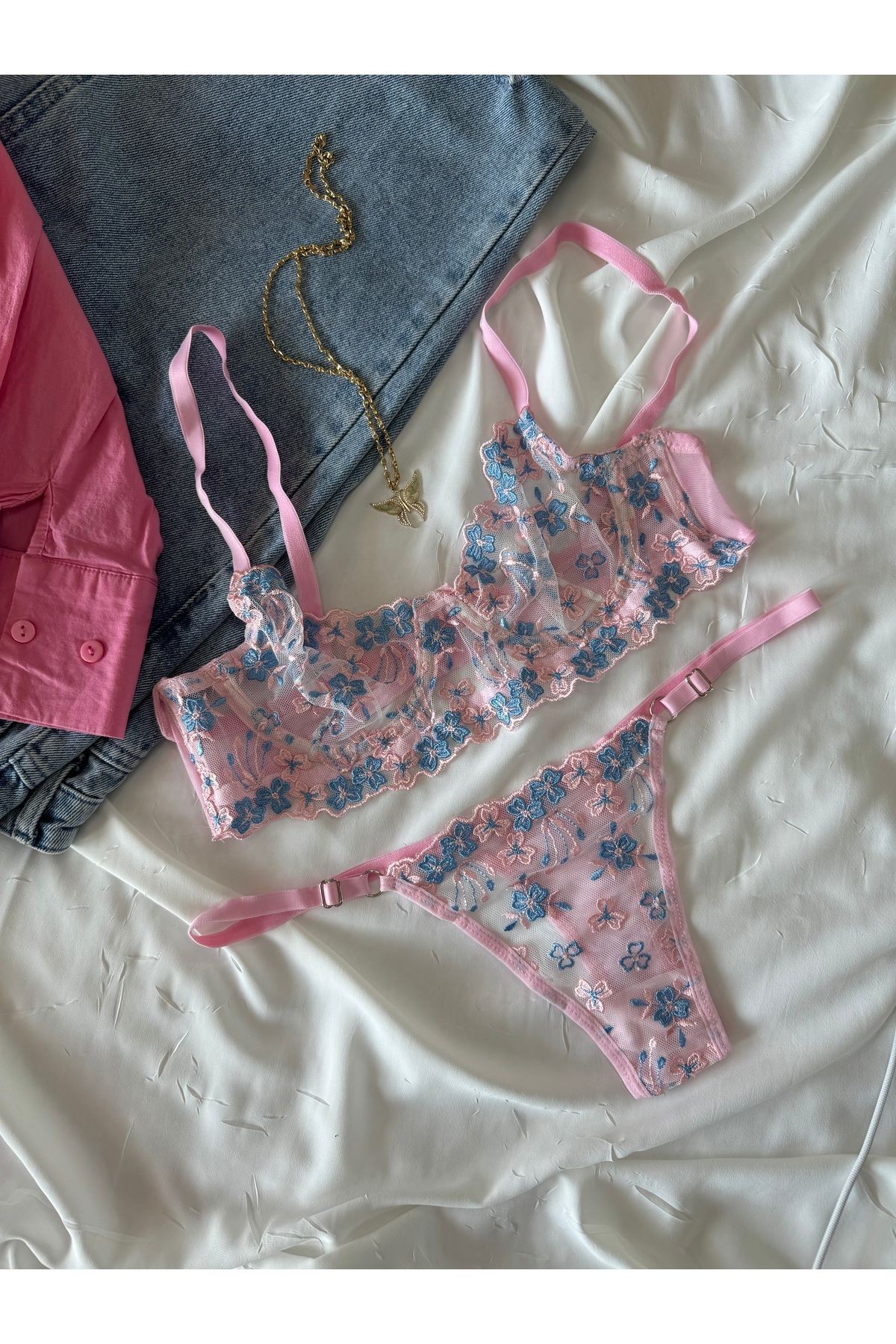 Transparan Tül Bralet Takım  - pembe mavi