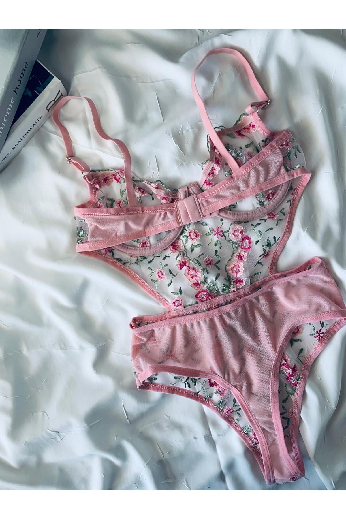 Bebe Mavi Dantelli Brode Balenli Kapsız Transparan Bodysuit - renkli