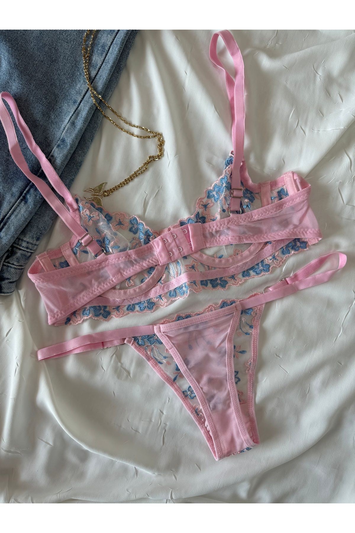 Transparan Tül Bralet Takım  - pembe mavi