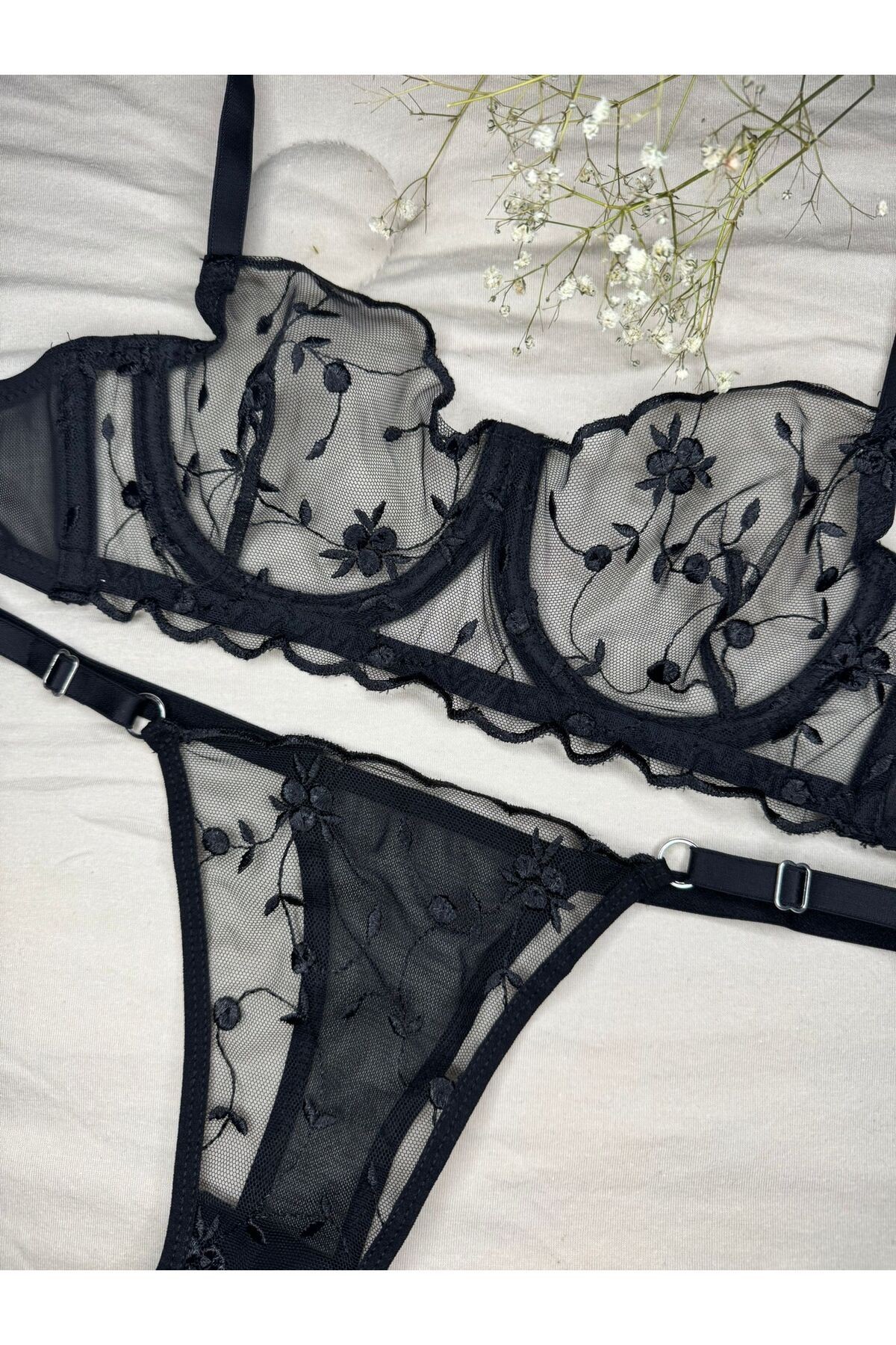 Transparan Tül Bralet Takım  - siyah çiçekli