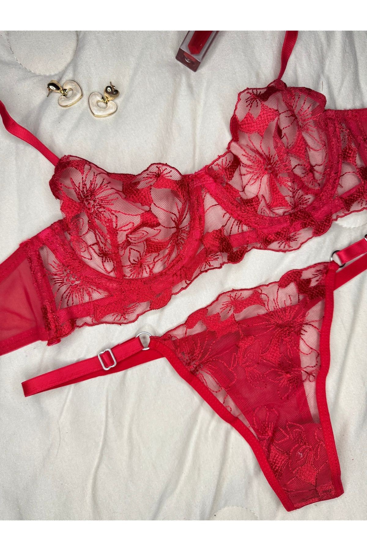 Transparan Tül Bralet Takım  - koyu kırmızı