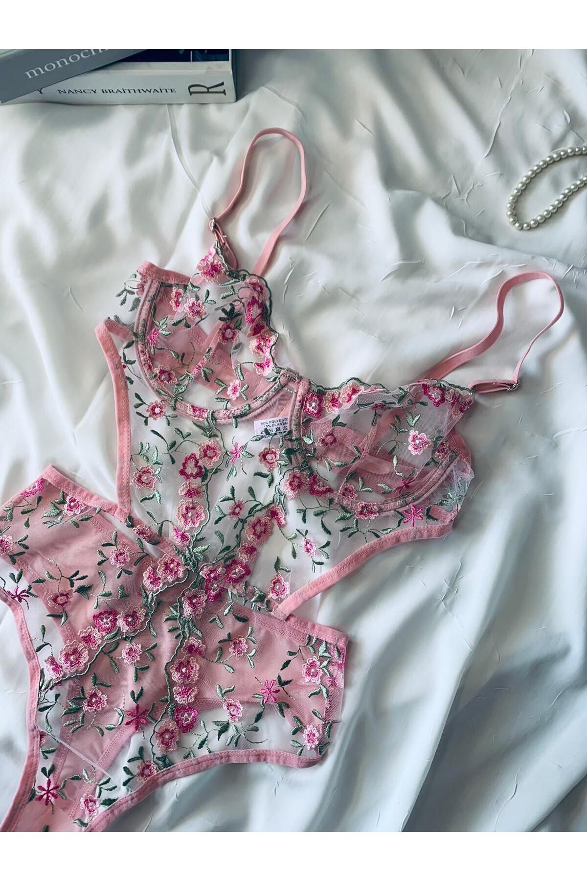Bebe Mavi Dantelli Brode Balenli Kapsız Transparan Bodysuit - renkli