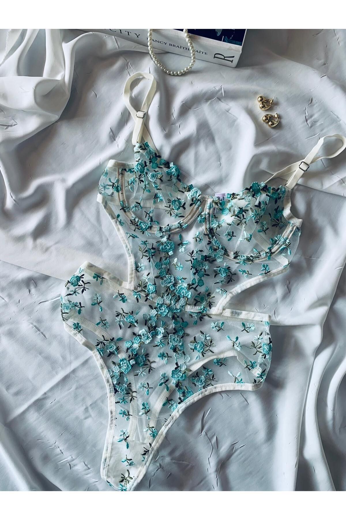 Bebe Mavi Dantelli Brode Balenli Kapsız Transparan Bodysuit - ekru yeşil