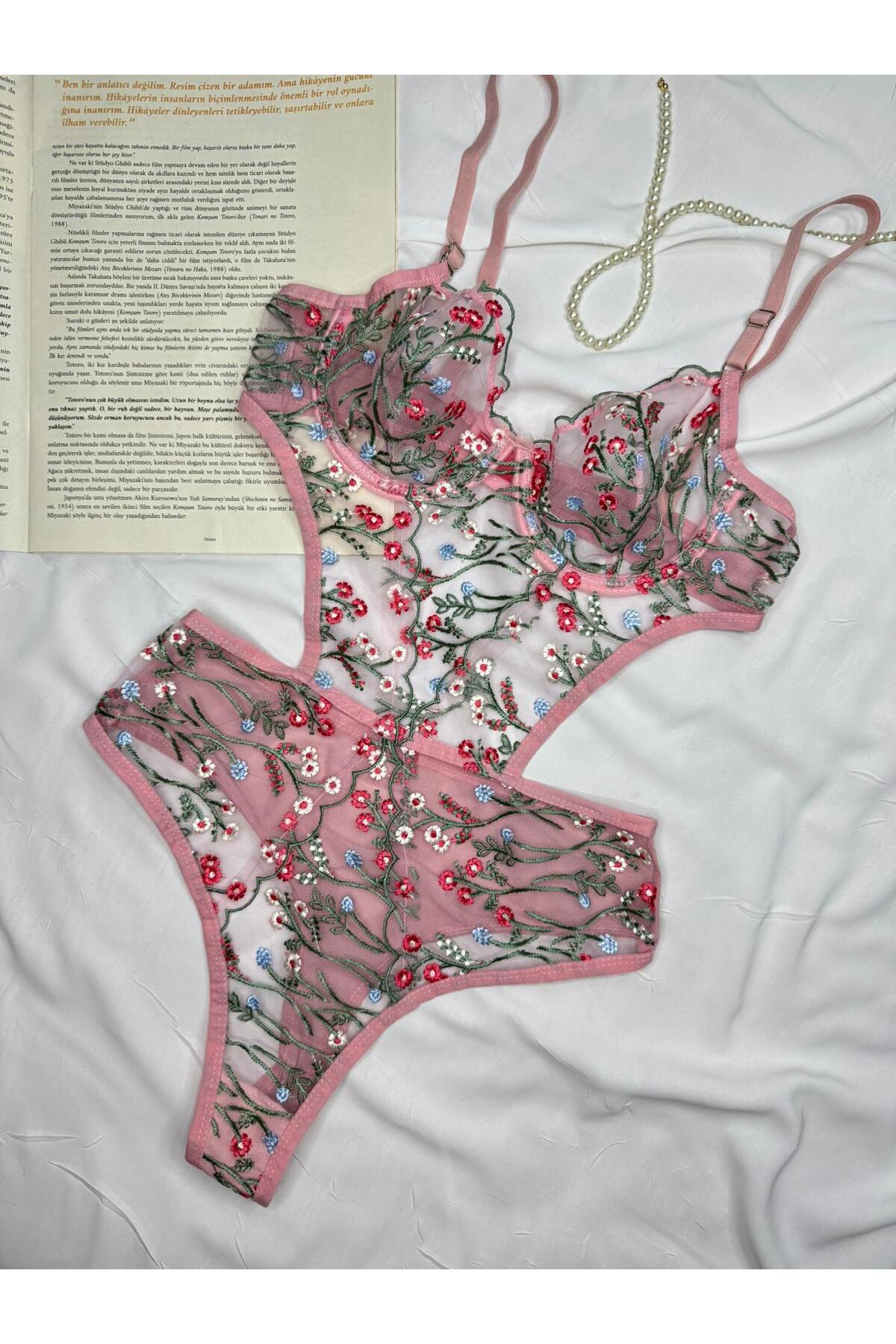 Bebe Mavi Dantelli Brode Balenli Kapsız Transparan Bodysuit - pudra yeşil