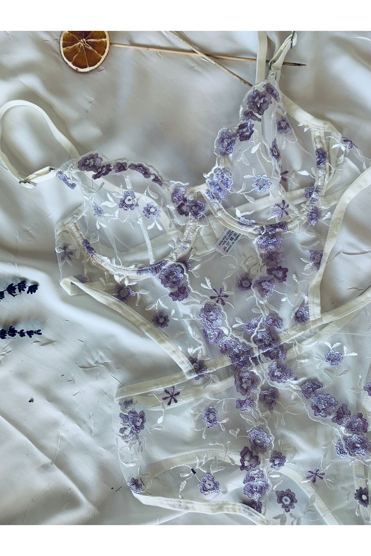 Baby Blue Lace Embroidery Underwire Coverless Transparent Bodysuit - ecru lilac