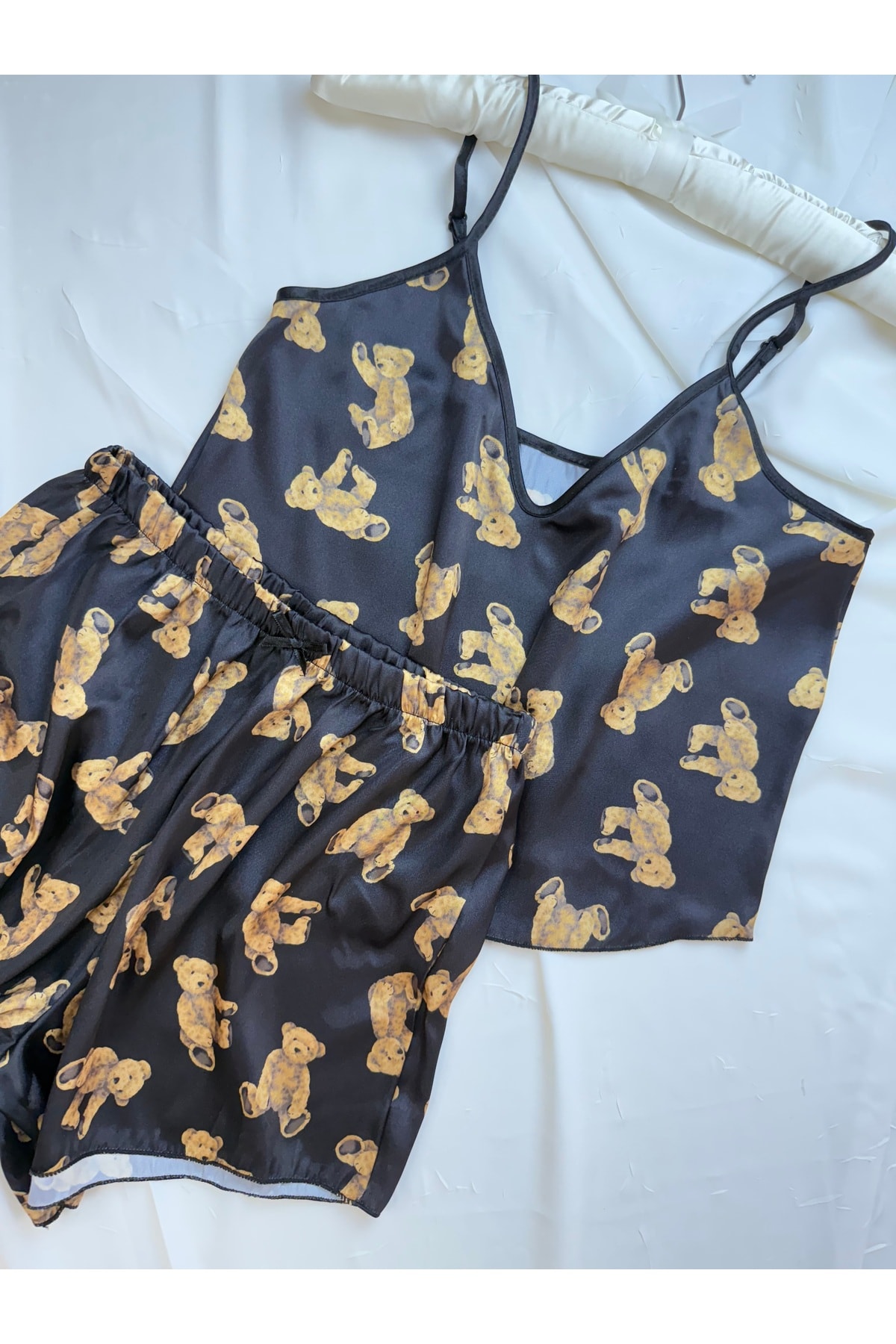 Ayarlanabilir Askılı Saten Pijama Takımı - siyah kahverengi