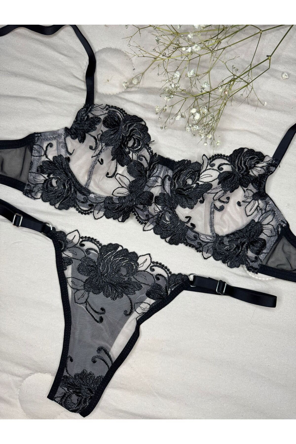 Transparan Tül Bralet Takım  - siyah ten