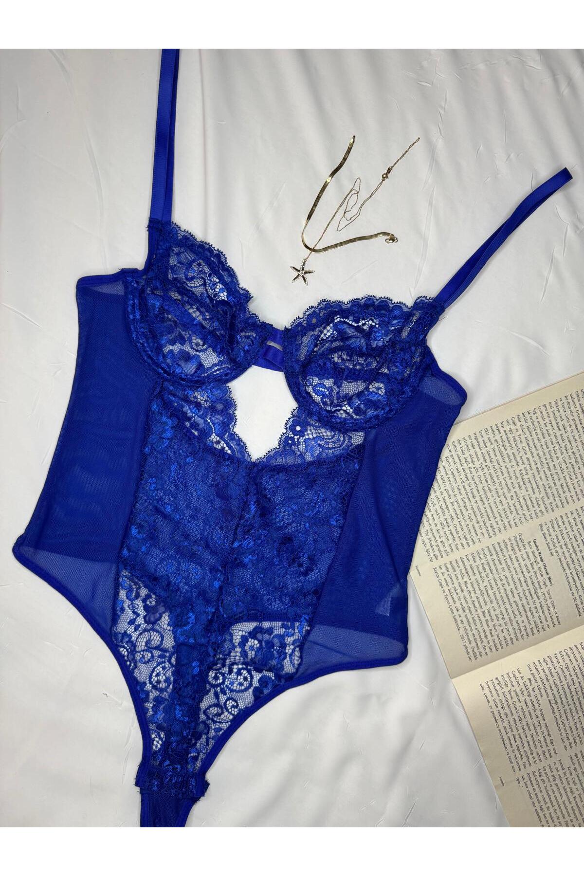 Bebe Mavi Dantelli Brode Balenli Kapsız Transparan Bodysuit - dantel saks mavi