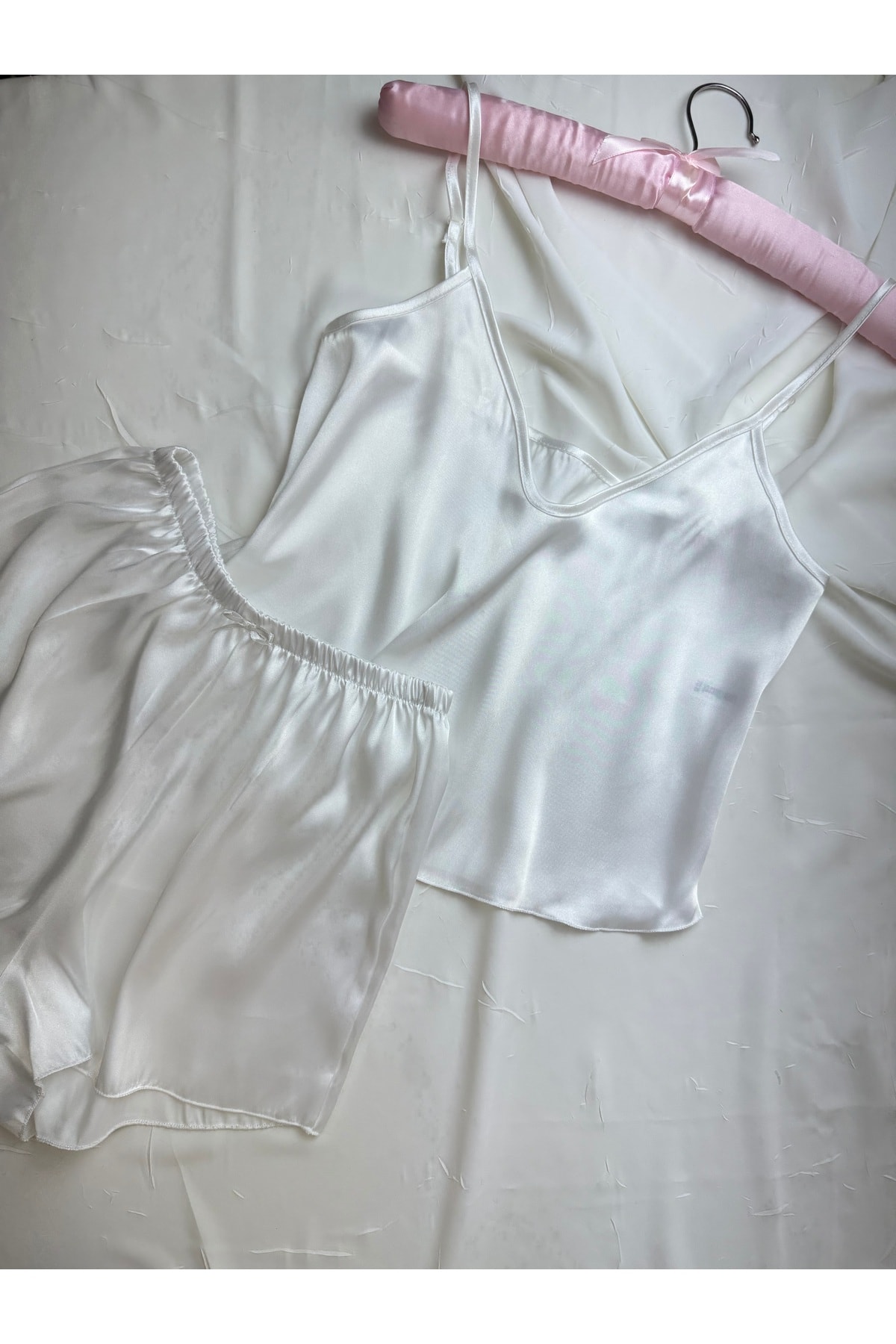 Ayarlanabilir Askılı Saten Pijama Takımı - ekru düz