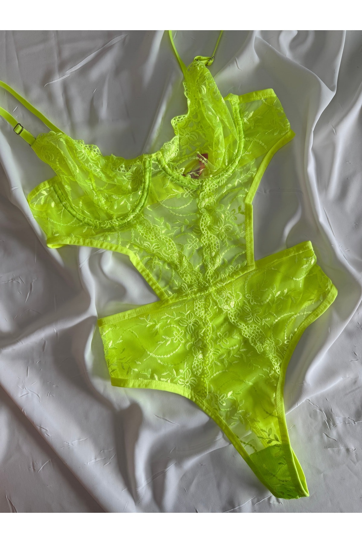Bebe Mavi Dantelli Brode Balenli Kapsız Transparan Bodysuit - neon yeşil