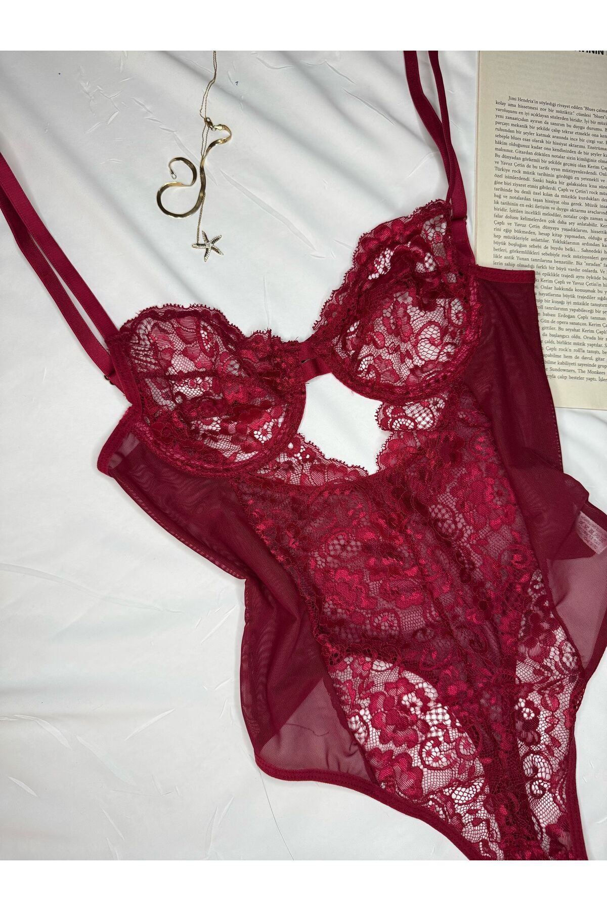 Bebe Mavi Dantelli Brode Balenli Kapsız Transparan Bodysuit - dantel bordo