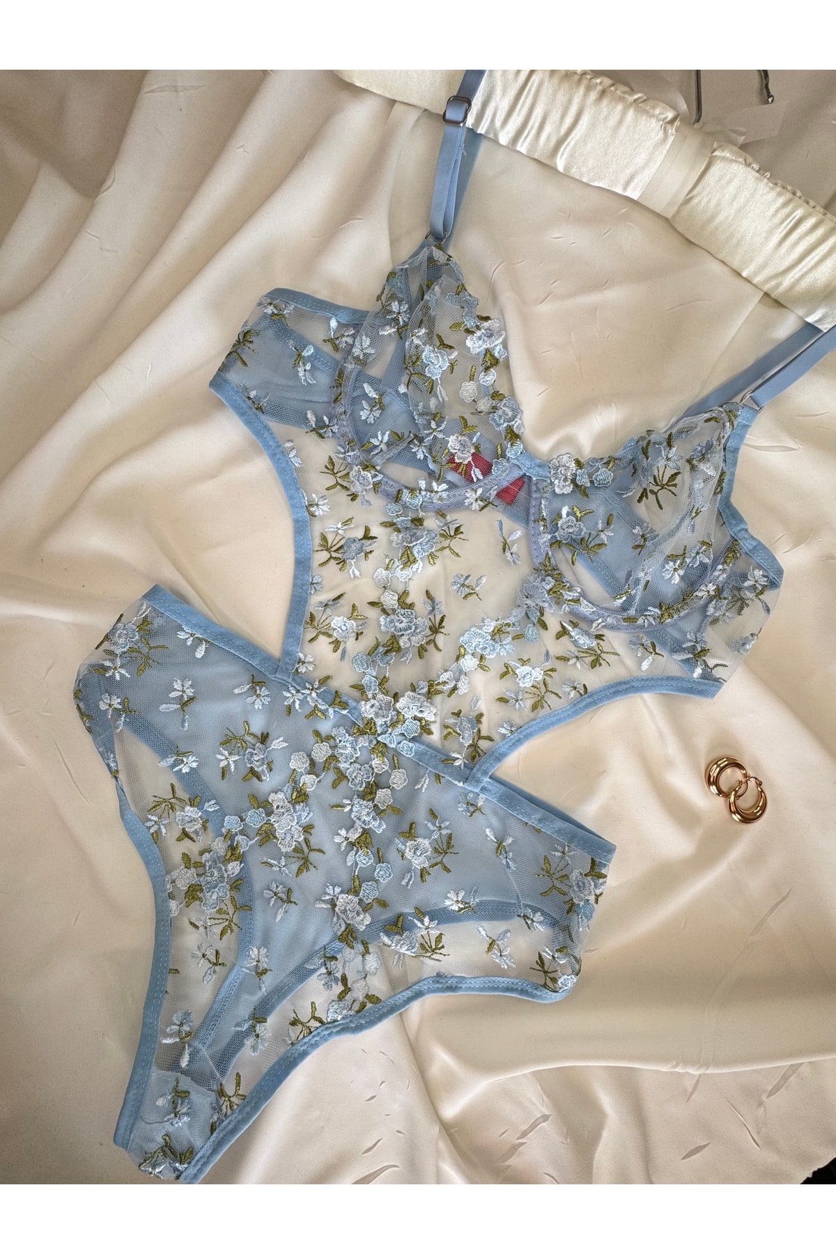 Bebe Mavi Dantelli Brode Balenli Kapsız Transparan Bodysuit - mavi yeşil