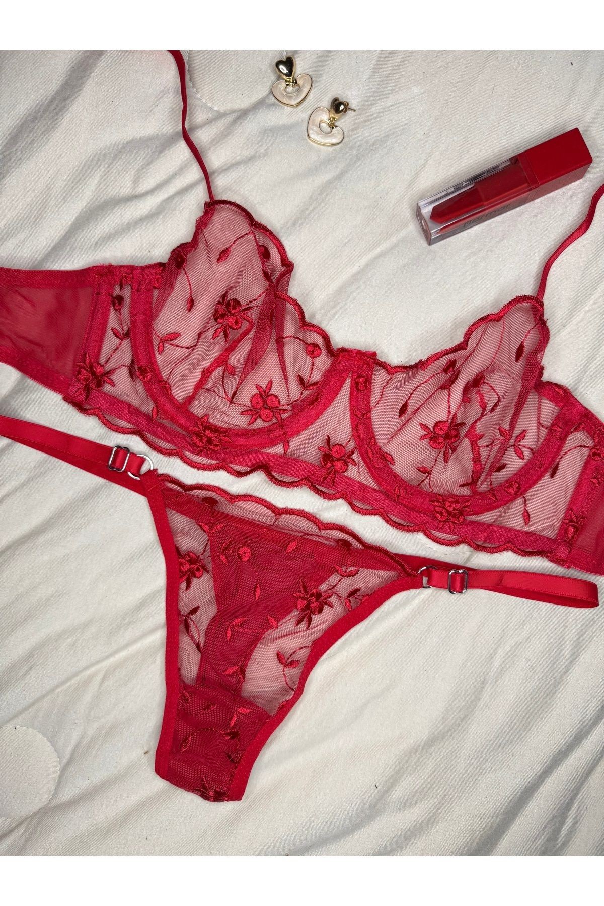 Transparan Tül Bralet Takım  - kırmızı