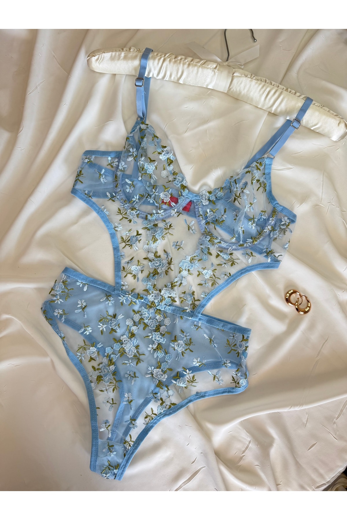 Bebe Mavi Dantelli Brode Balenli Kapsız Transparan Bodysuit - mavi yeşil