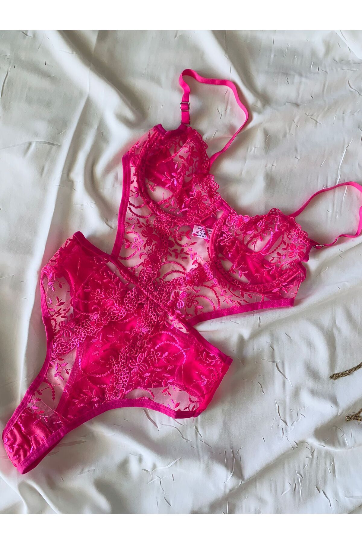 Bebe Mavi Dantelli Brode Balenli Kapsız Transparan Bodysuit - neon pembe