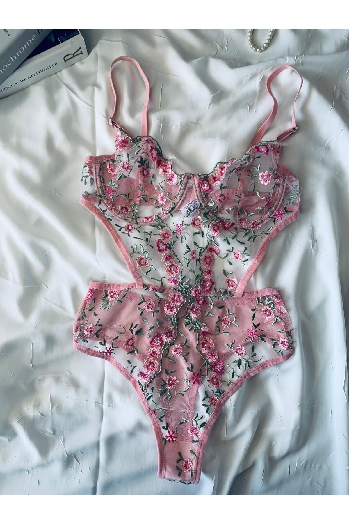 Bebe Mavi Dantelli Brode Balenli Kapsız Transparan Bodysuit - renkli