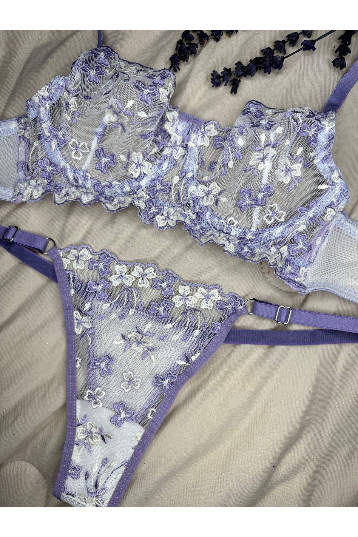 Transparan Tül Bralet Takım  - lila beyaz
