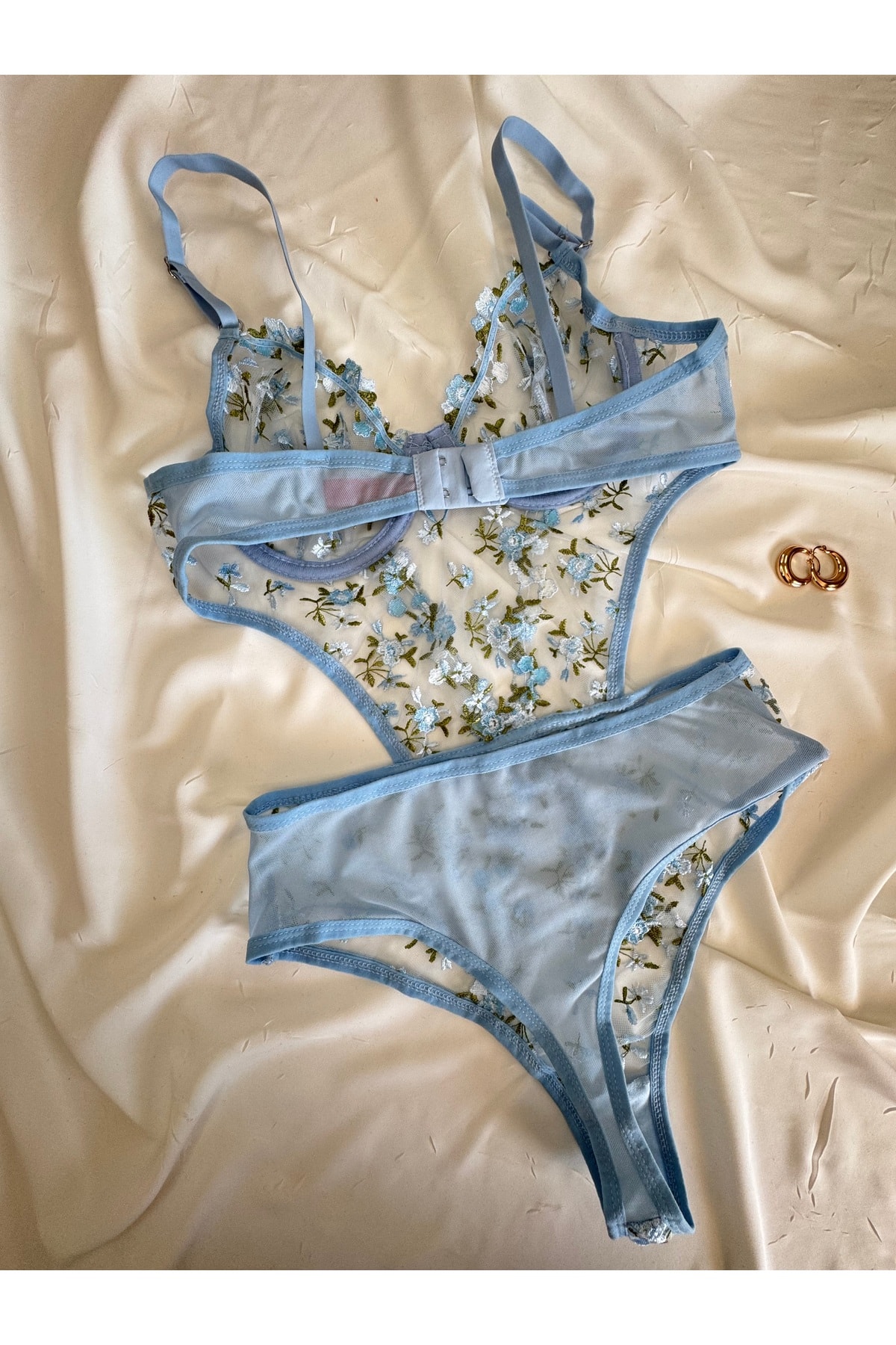 Bebe Mavi Dantelli Brode Balenli Kapsız Transparan Bodysuit - mavi yeşil