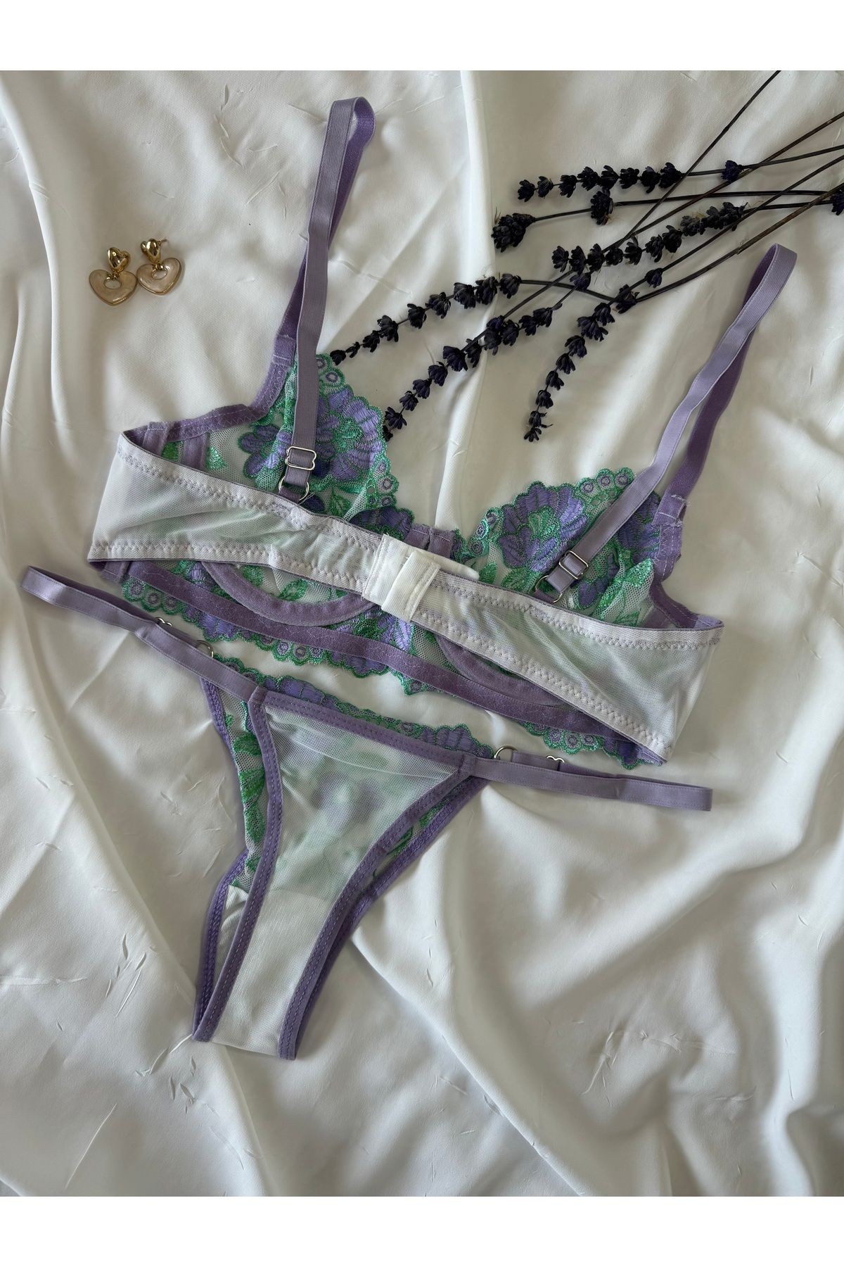 Transparan Tül Bralet Takım  - lila yeşil
