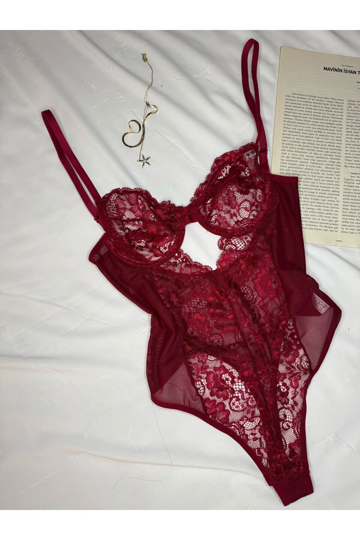 Bebe Mavi Dantelli Brode Balenli Kapsız Transparan Bodysuit - dantel bordo