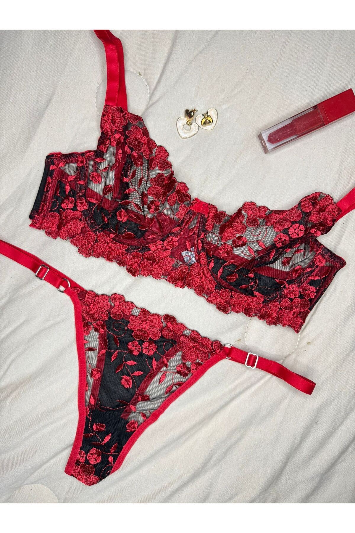 Transparan Tül Bralet Takım  - siyah kırmızı
