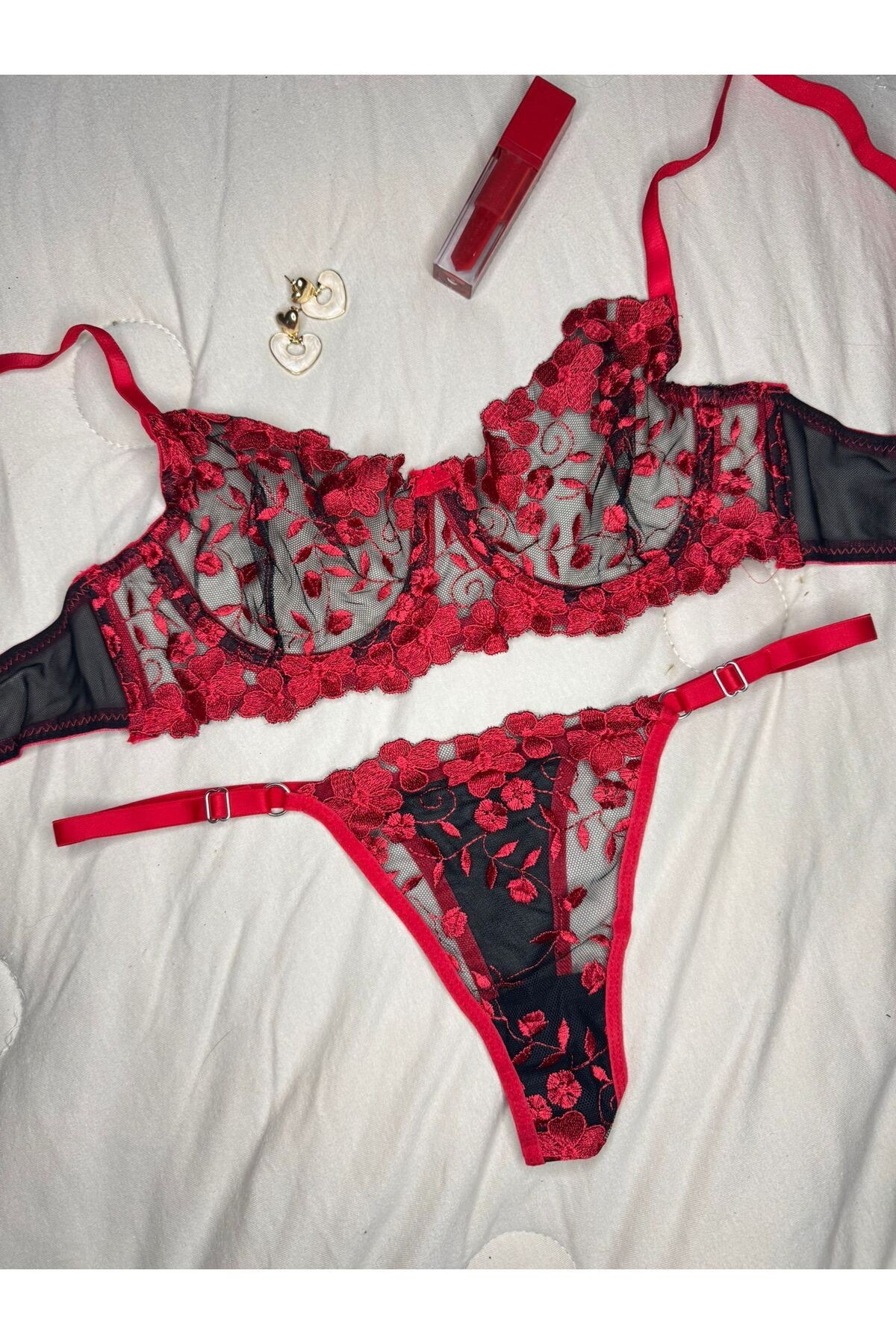 Transparan Tül Bralet Takım  - siyah kırmızı