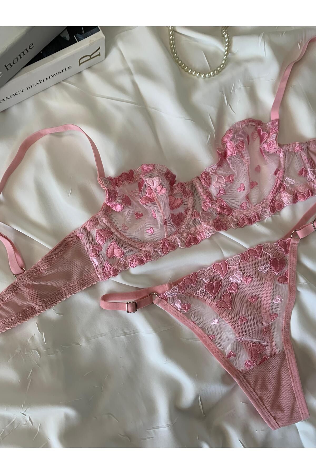 Kalp Desenli Dantelli Kapsız Bralet Sütyen Takım (SÜTYEN-TANGA) - pembe