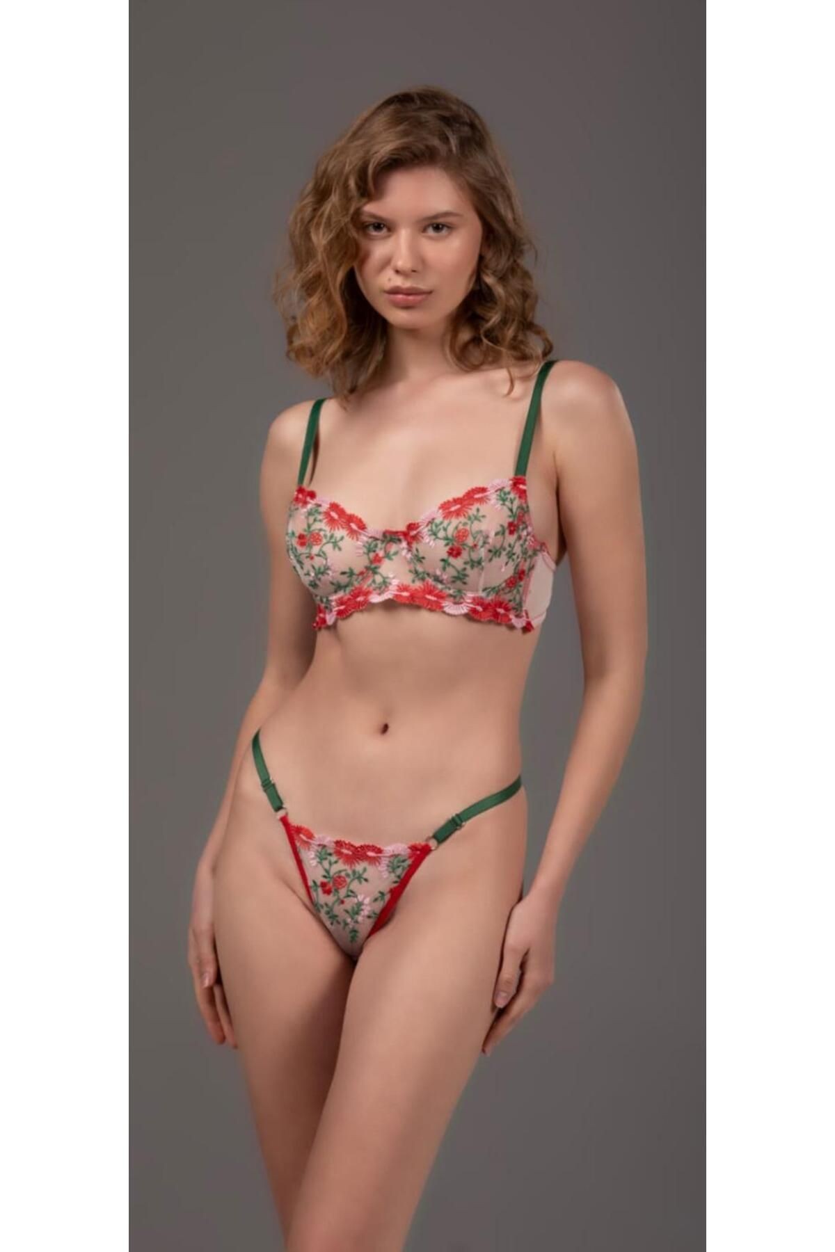 Transparan Tül Bralet Takım  - kırmızı yeşil