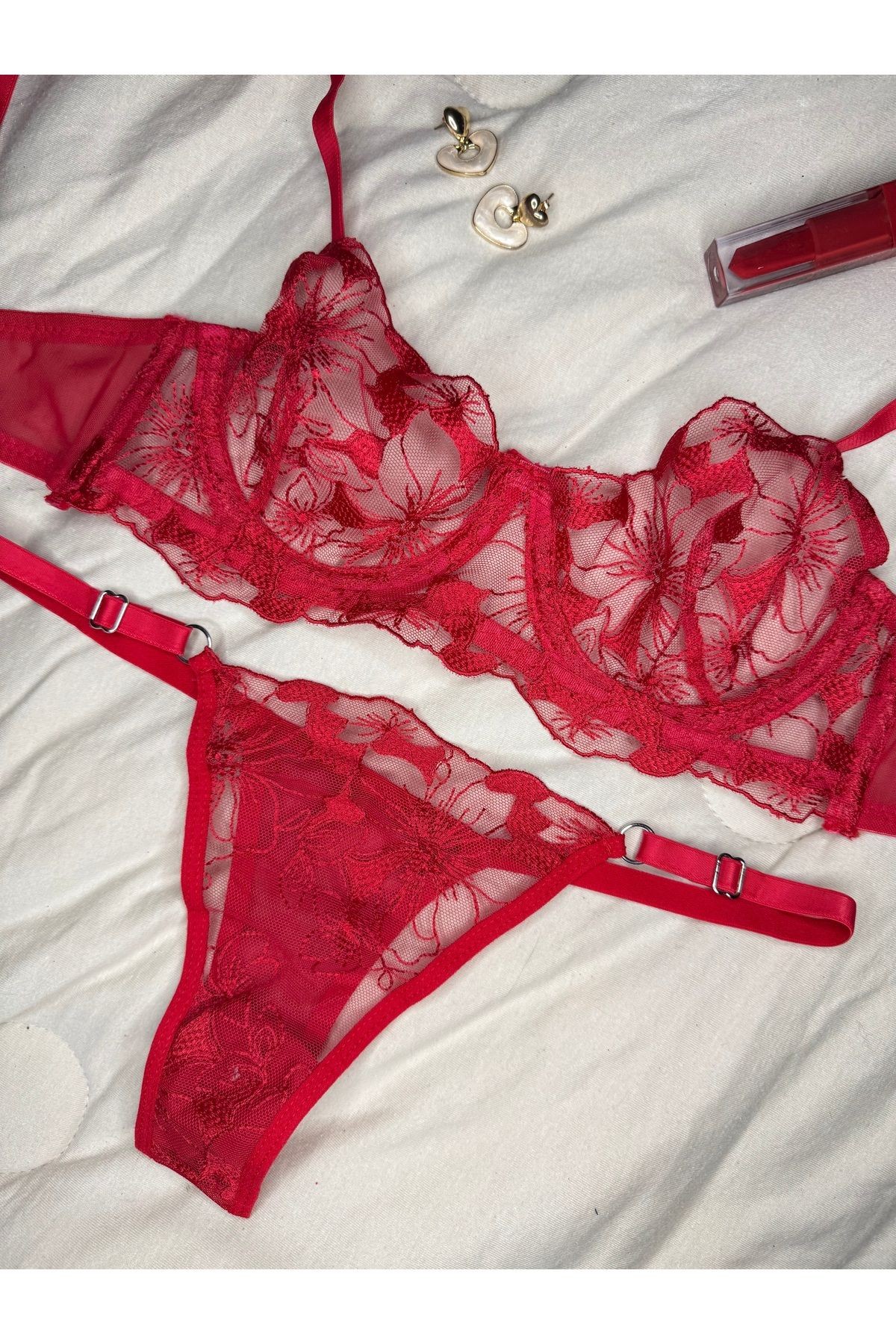 Transparan Tül Bralet Takım  - koyu kırmızı