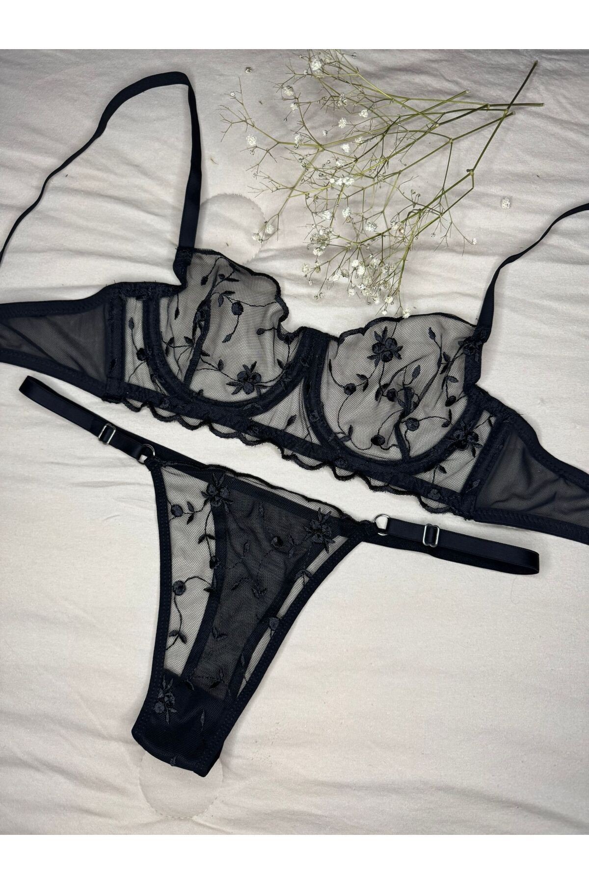 Transparan Tül Bralet Takım  - siyah çiçekli