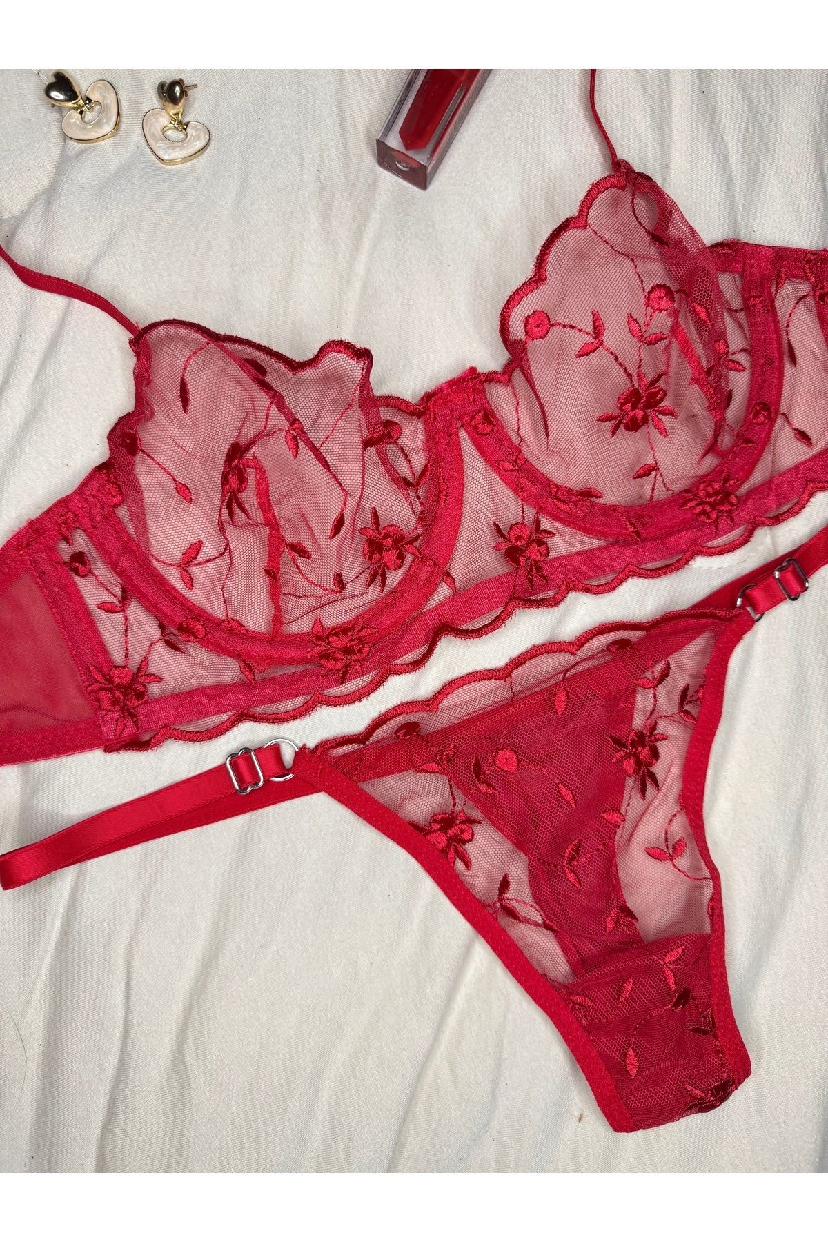 Transparan Tül Bralet Takım  - kırmızı