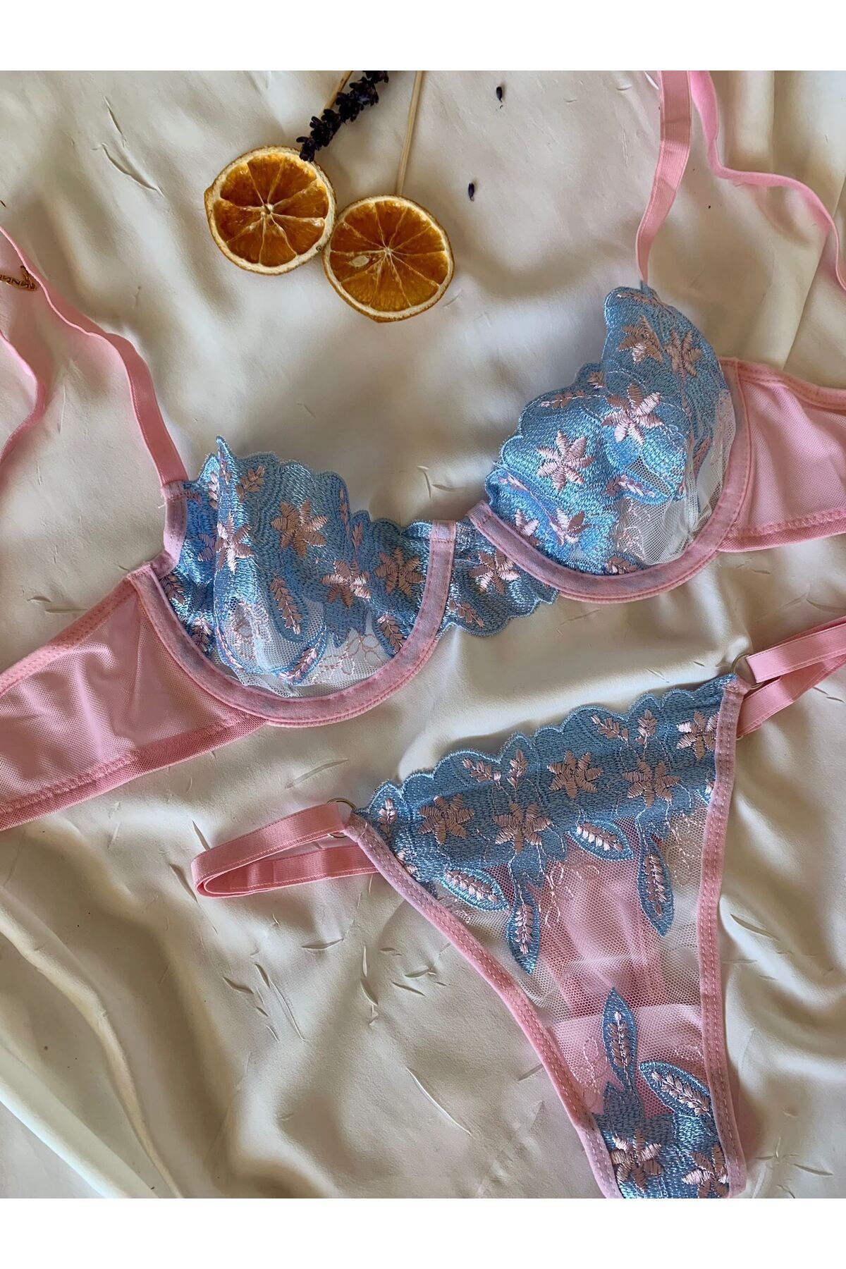 Transparan Tül Bralet Takım  - pembe