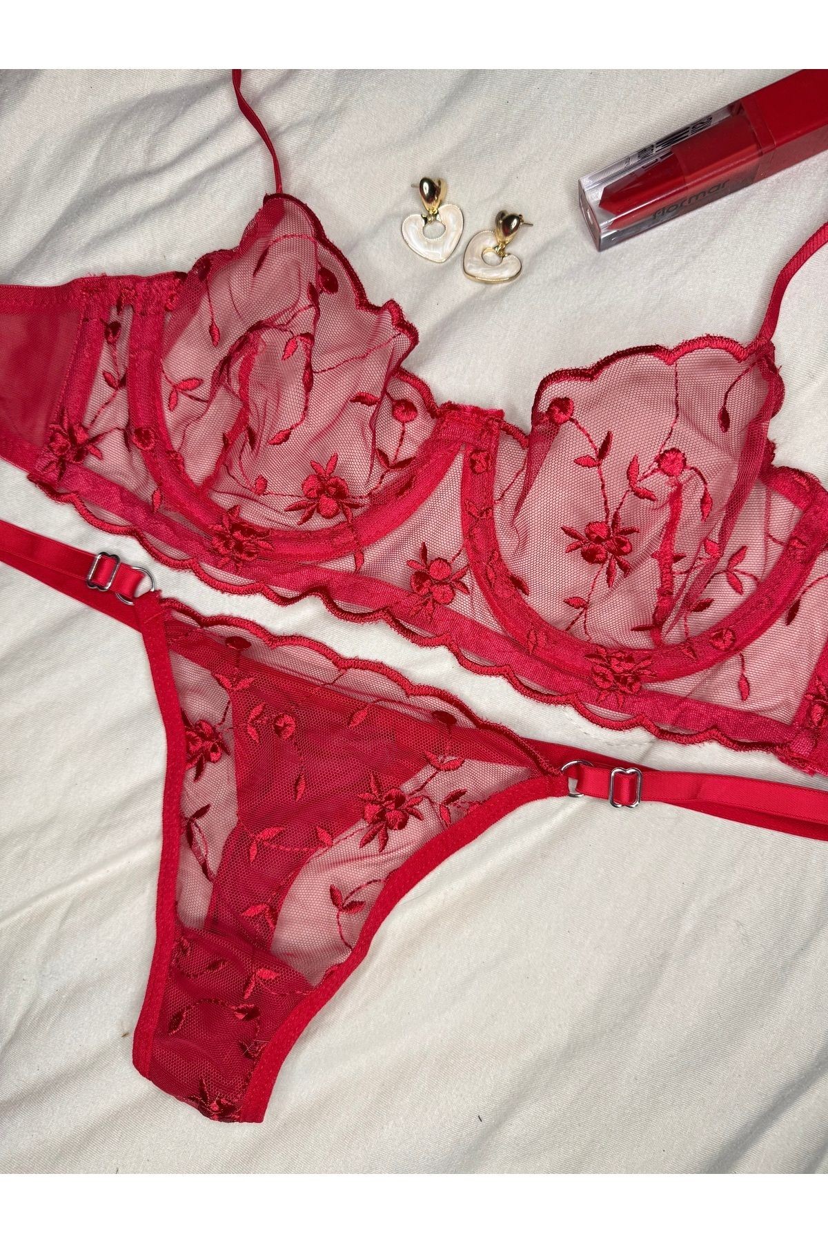 Transparan Tül Bralet Takım  - kırmızı