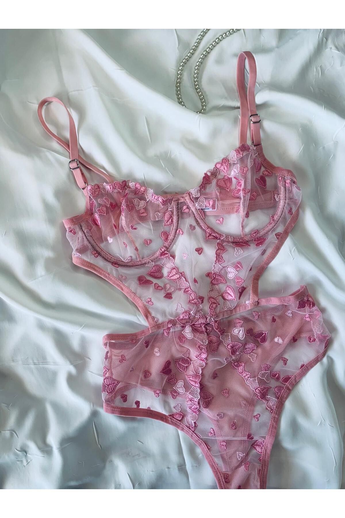 Bebe Mavi Dantelli Brode Balenli Kapsız Transparan Bodysuit - pembe