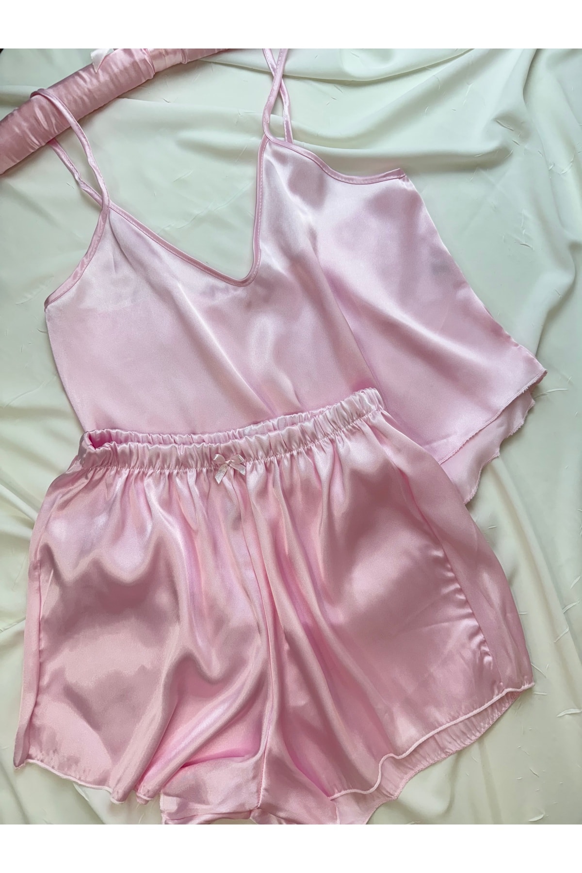 Ayarlanabilir Askılı Saten Pijama Takımı - düz pembe
