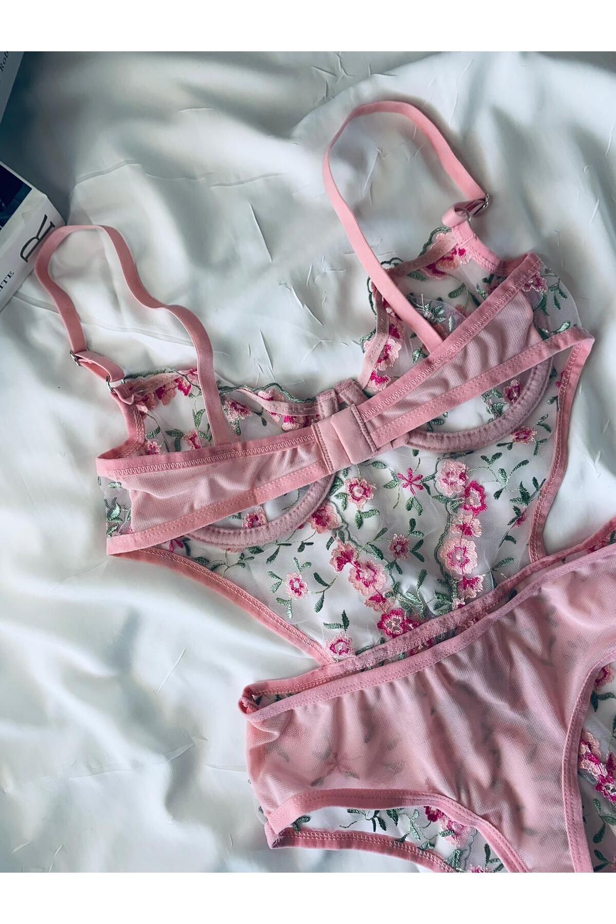 Bebe Mavi Dantelli Brode Balenli Kapsız Transparan Bodysuit - renkli