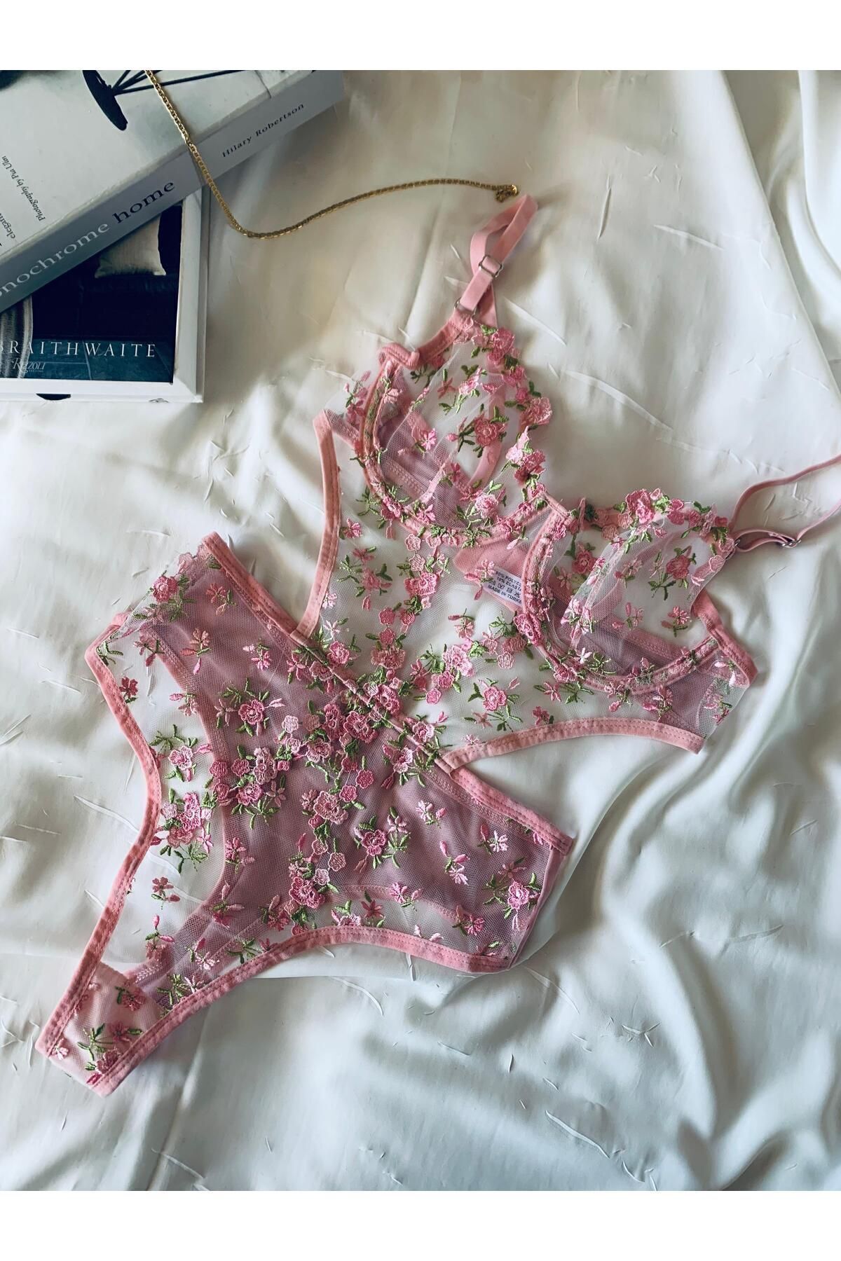 Bebe Mavi Dantelli Brode Balenli Kapsız Transparan Bodysuit - pembe-yeşil